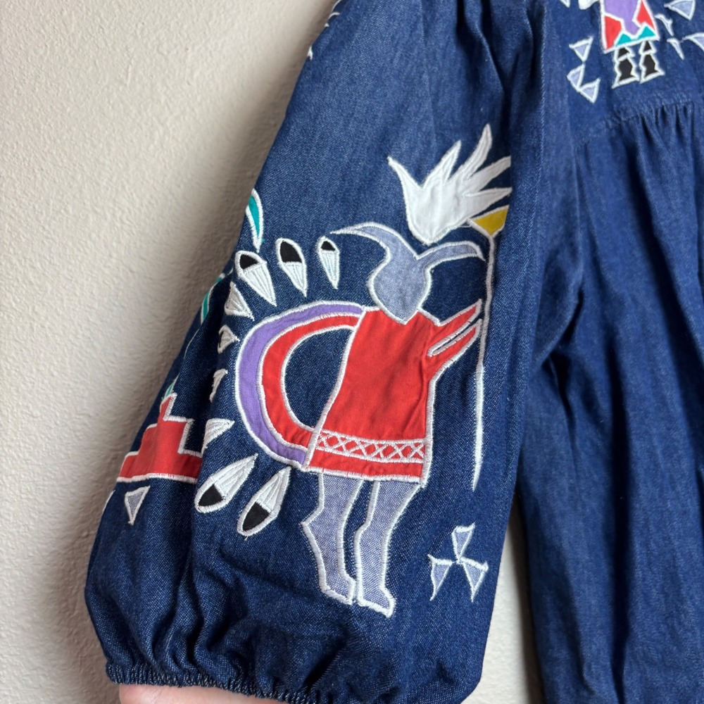 Vintage 90s Denim Maxi Dress Embroidered Kachina Blue Large Prairie Cottage Boho - Picture 8 of 16